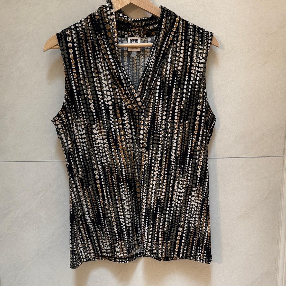 Anne Klein Black and Olive Green Patterned V Neck Blouse M
